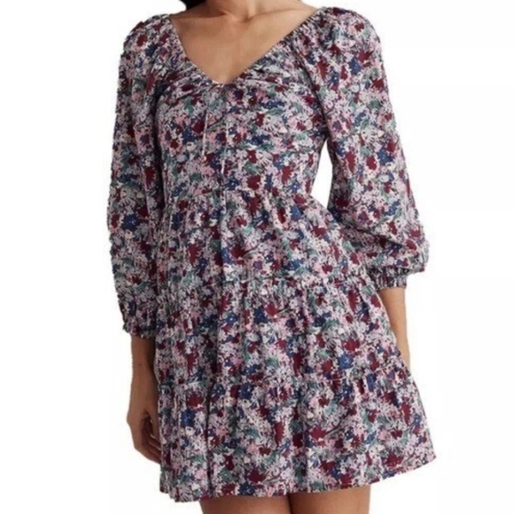 Madewell Amalia Womens Floral Tiered Mini Dress Sz 00 Spring Summer Festival - Picture 2 of 13